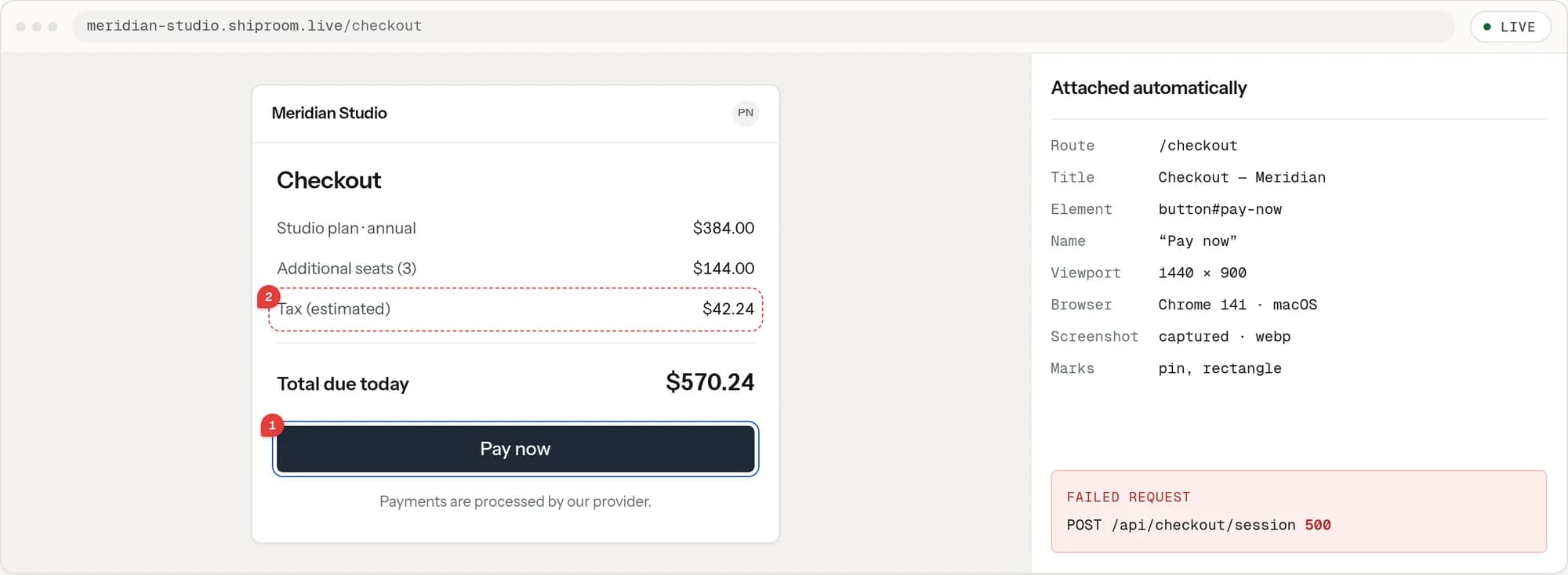The Shiproom reviewer demonstration: a sample checkout page with two numbered reviewer marks on the “Pay now” button and the estimated tax row, beside the context Shiproom attaches automatically: route, page title, selected element, accessible name, viewport, browser, screenshot, mark types, and a failed POST request that returned 500.