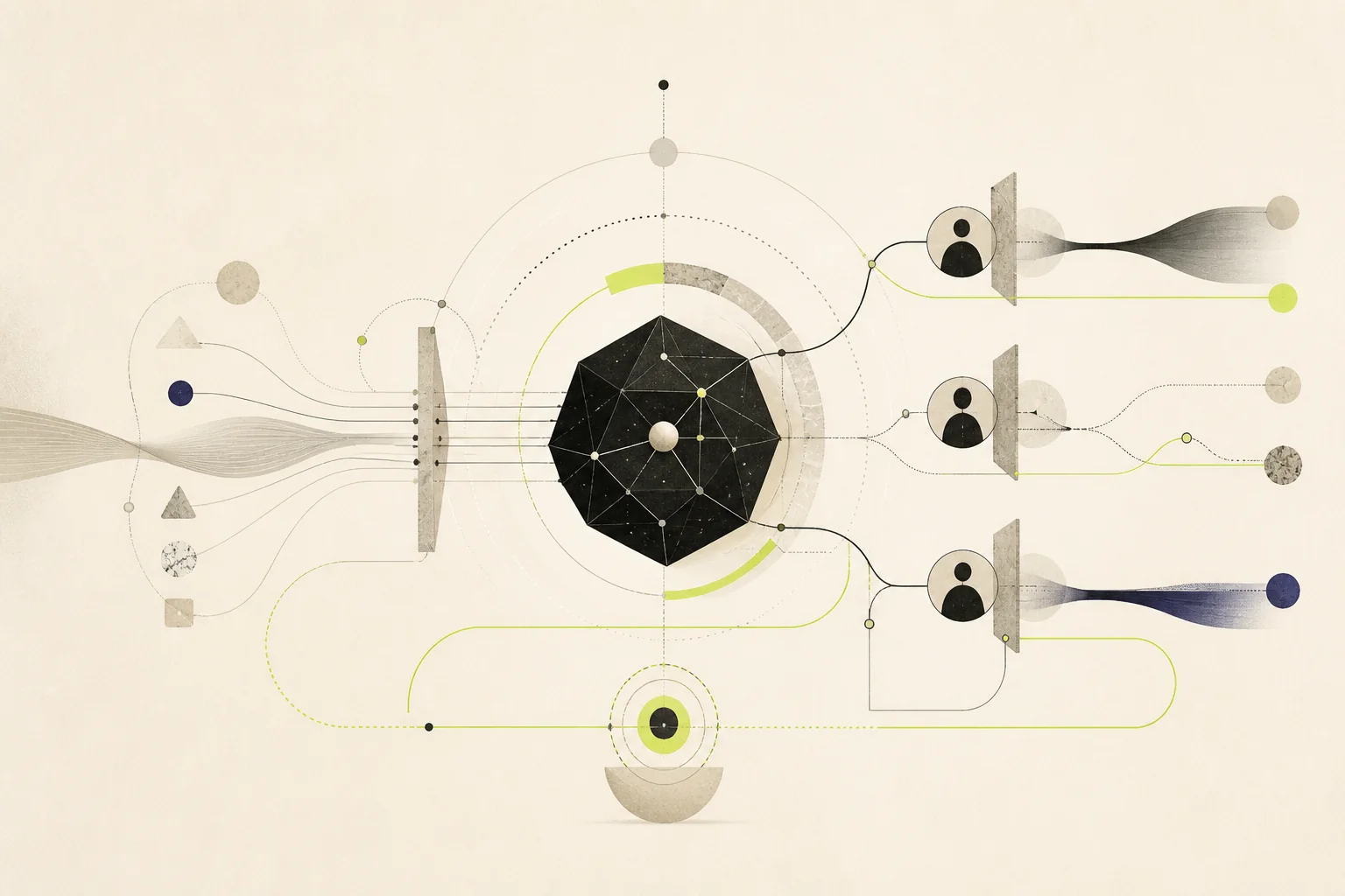 An editorial map of evaluation sets, confidence handoffs, guardrails, and learning loops drawn as one connected system.